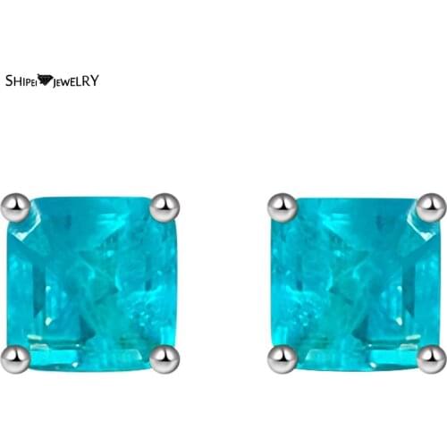 Shipei Luxury 925 Sterling Silver Square Paraiba Tourmaline Trendy Gemstone Wedding Fine Jewelry Engagement White Gold Ear Studs