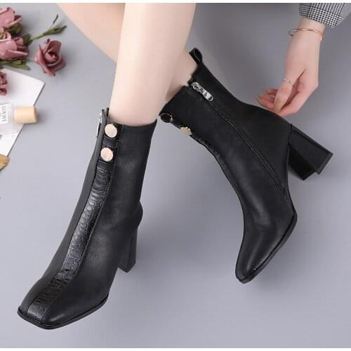 European Style 2021 New Fashion Thick Heel Womens Boots Rivet Stitching Crocodile Texture Square Toe Suit Leather Ankle Boots