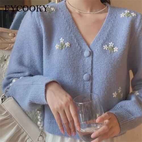 Embroidered Knitted Cardigan Women 2021 Fashion Oversized Cropped Sweater Outwear Spring Autumn New Long Sleeve Tops S-2XL