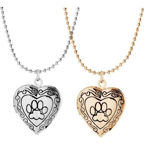 1pcs Heart Shape Dog Paw Print Pendant Locket Photo Box Necklace Charm Valentines Day Gift for Dog Lovers Statement Women