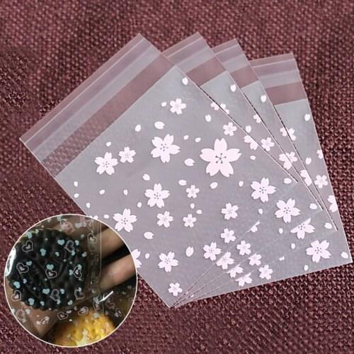 100Pcs Packing Bag Sakura Printed Plastic Candy Bag Pink Frosted Self-Adhesive Baking Bag For Biscuit Snack Jewelry Gift Storage