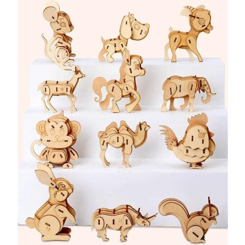 12Pcs/set Mini 3D DIY Animal Wooden Puzzle Model Set Assembly Jigsaw Toy Gift For 6 years old