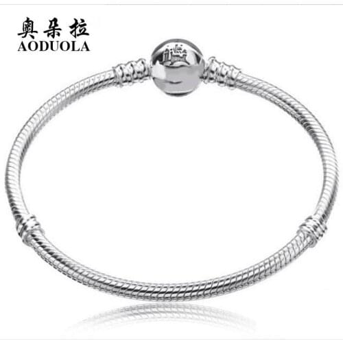 AODUOLA New Fashion 100% 925 Sterling Silver Snake Chain Round Clasp Bracelet fit Charm DIY Luxury Jewelry STB236