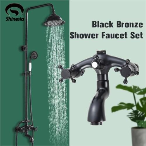 Shinesia Black Bronze Bath Shower Set Mixer Faucet Rainfall Shower Head with Handheld Double Handle for Bathtub Bathroom