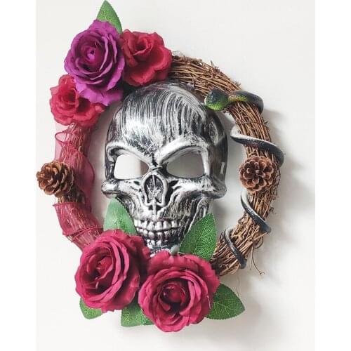 Artificial Flower Rose Wreath with Skull Mask and Snack Halloween Home Horror Decoration Artificial Decorations Halloween Wreath