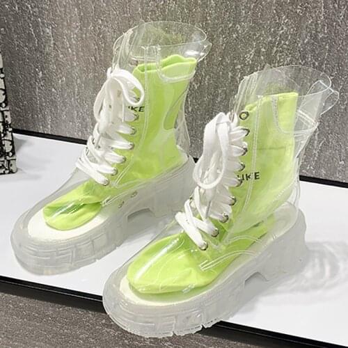 Fashion Women Boots PVC Clear Shoes Womens Platform Boots Waterproof Ankle Boots Chunky Heel Autumn Winter Rain Shoes Casual