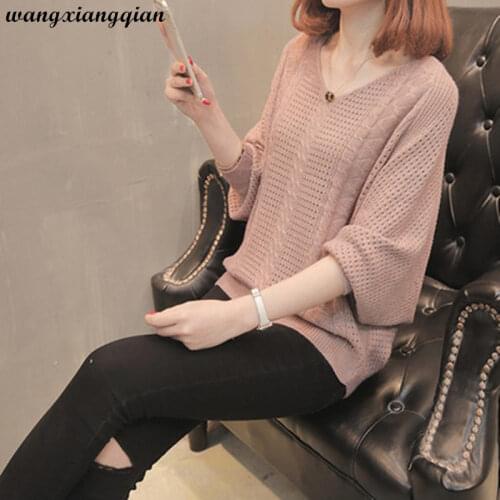 Fashion Ladies Hollow V-neck Knitted Sweater Bat Shirt 2019 Early Autumn Casual Womens Loose Thin Section Sweater A634