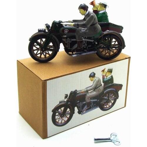 Motorcycle with Passenger in Sidecar Retro Clockwork Wind Up Tin Toy w/Box Toys Collection Home Toy Model Hobby Car Gift