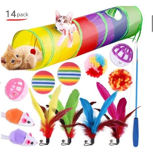 Pet Toys Set of 14 Cat Tunnel Fishing Rod Funny Cats Stick Mouse Variety Combinations Supplies Value Bundle