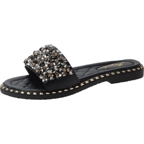 2021 New Ladies Slippers Fashion All-match Flat-bottom Non-slip Fashion All-match Rhinestone Sandals Slippers Beach Flip Flops