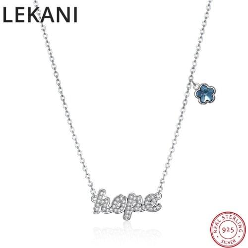 New Real 925 Sterling Silver Hope Letter Necklace Blue Flower Crystals From Swarovski For Women Party Wedding Jewelry Lover Gift