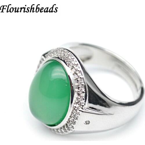 Wholesale Bright Color Natural Agate Gemstone Rings Rhodium Silver color Party Jewelry Size Adjustable Cubic Zirconia Ring Gift