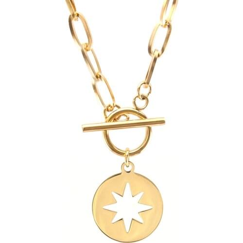 Stainless Steel Six-Pointed Star Polar Star Coin Toggle Necklace For Women Gold/Silver Color Metal Coin Medallion Choker Collier