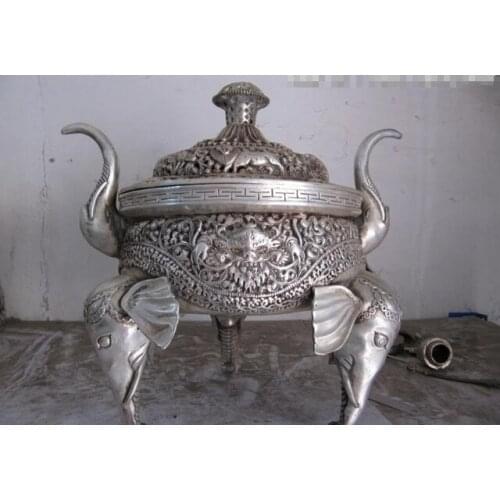 Song voge gem S0488 Tibet Buddhism White Copper Silver Three Elephant God Zun incense burner Censer