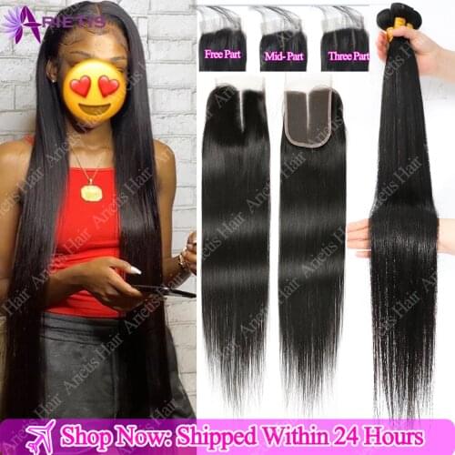 38" 40" Inch Bone Straight Hair Bundles With Closure 22" 24"4x4 Closure With Bundles Brazilian Hair Weave Bundles With Closure