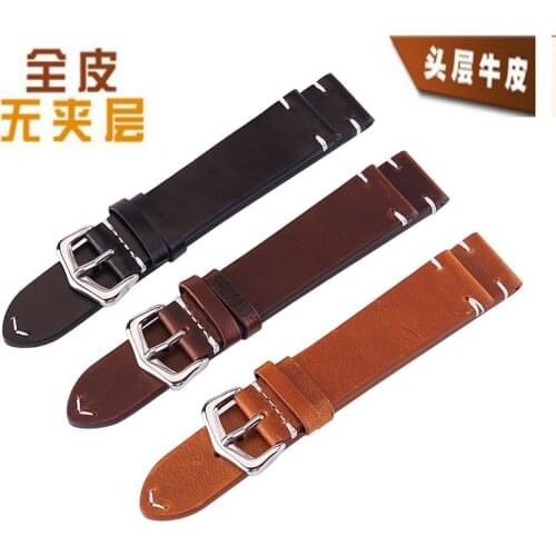 18/19/20/21/22/24 mm Width Size Genuine Leather Retro Oil Wax Watchband Business Wristwatch Strap Accessories Replacement Bands