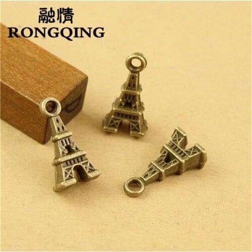 RONGQING 100pcs/lot 15*8MM Tower 3D Charms France Letter Square Bronze Letter Charms Pendant Accessories DIY alphaber