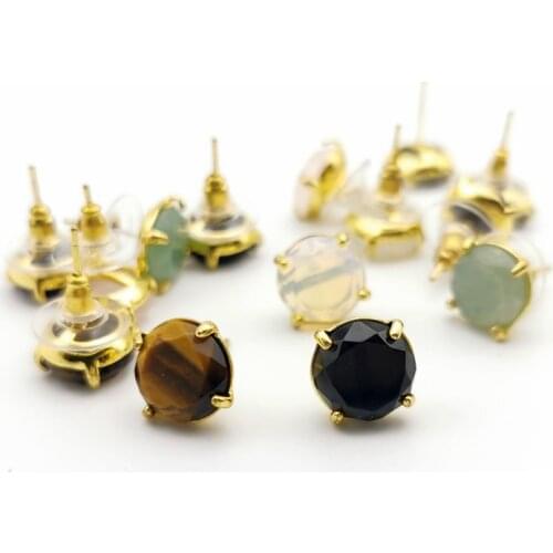 Natural Stone Stud Earrings Round Pink Crystal Quartz Gem Beads Gold-Color Simple Earring for Women Girl Charm Jewelry