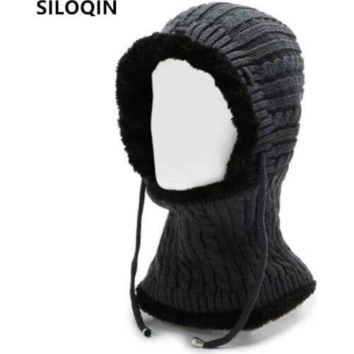 SILOQIN mens earmuffs hat beanies winter New women plus woolen ski cap beanie hats for men women thick warm fluff knitted hat