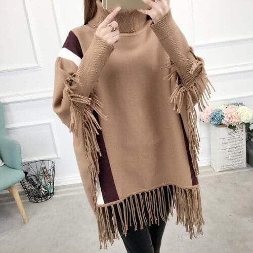 2021 Korean Version Of The Turtleneck Sweater Womens Mid-length Pullover Korean Loose Large Size Cape Coat Fringed Bat Shirt
