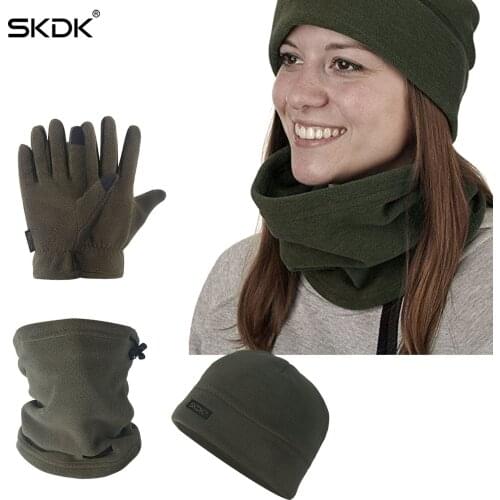SKDK 3PCS/Set Thickened Fleece Warm Hat Scarf Full Finger Gloves Men Women Running Camping Portable Outdoor Sports Clothing Kit