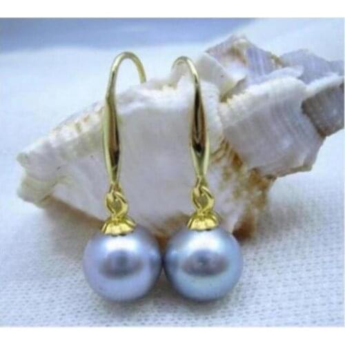Gorgeous a pair 9-10mm AAA south sea round grey pearl dangle earring 14k