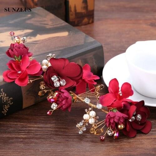 Wine Red Flowers Bridal Headpieces With Crystal Pearls Wedding Accessories Chinese Style Party Head Decoration SQ0209