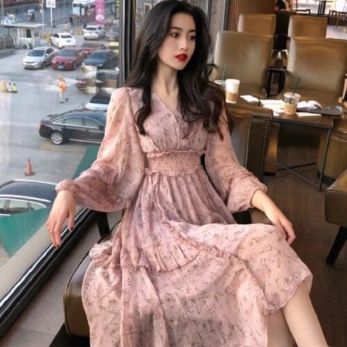 Pink dress Korean Women Dress Style Ruffle One Piece 2021 Autumn Floral Printed Chiffon Sweet V Neck Slim Fit Long Dress Vestido