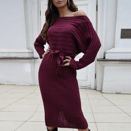 Sexy Sweaters Dress Autumn Off Shoulder Loose Women Solid Color Dress With Belt Elastic Batwing Sleeve Knitted Pullover Dress