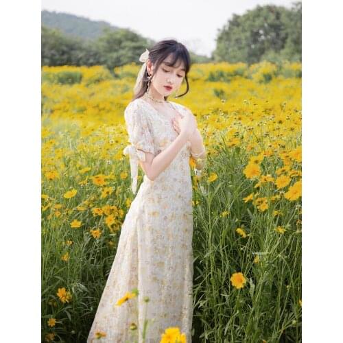 Women Victorian V-neck Floral Dress Summer Fashion Beaded Elegant Bow Tie Cute Vintage Dress Fairy Dress Vestidos