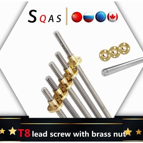 CNC 3D Printer T8 Lead Screw pitch 1mm 2mm lead 1mm 2mm 4mm 8mm 10mm 12mm Length100mm200mm300mm400mm500mm600mm with Brass Nut