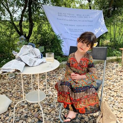 Elegant Bohemia Girl Dress Kids Baby 2021 Casual Spring Summer V Neck Princess Chiffon Casual Long Style Dresses Children Clothi