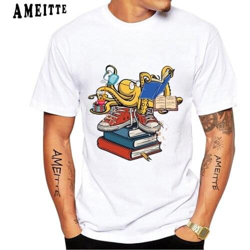 New Summer Men Short Sleeve Reading Octopus Tea Coffee And Books T-Shirt Funny Hip Hop Boy Casual Tops Vintage Man White Tees