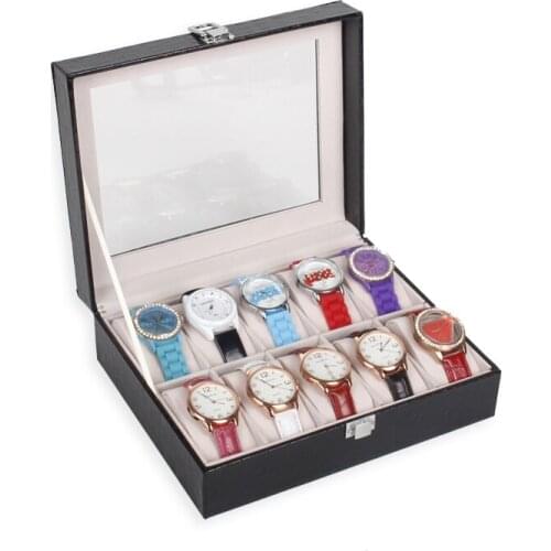 TONVIC 10 Grid Black Leatherette Watch Collection Box Case Jewellery Box Storage Case