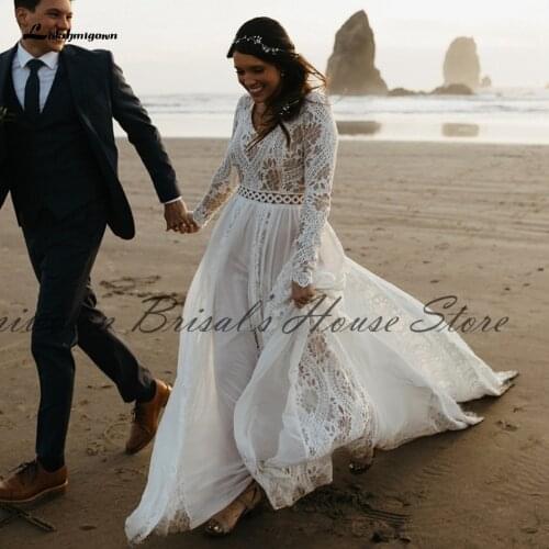 Lakshmigown Hippie Lace Long Sleeve Dress Bridal Robe Sexy A Line Boho Wedding Dresses 2021 Plus Size Women Beach Wedding Gowns
