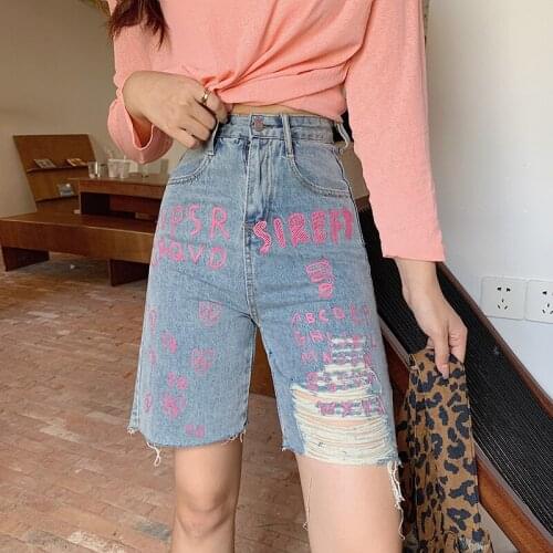 Personality Letter Pattern Harajuku Painted Graffiti Plus Size Denim Five-Point Pants Women Summer Loose Wide-Leg Hole Shorts