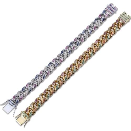 Hip-hop fashion copper Cuban chain micro-inlaid colorful zircon personalized rainbow bracelet jewelry custom accessories