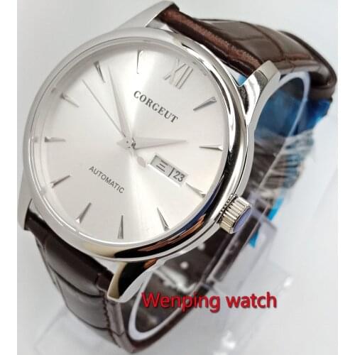 40mm corgeut silver white dial Week and date With brown pattern strap Automatic mens Watches W2767