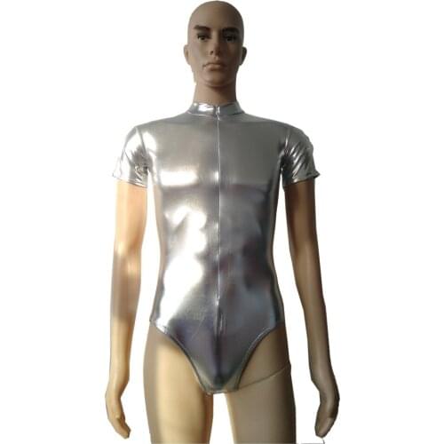 Silver color Men Body Suit One-piece Wetlook shiny metallic Short Sleeves Zippered Leotard Bodysuit for womens Party Nightclub