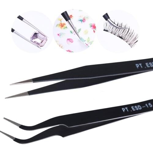 2Pcs/set Stainless Steel Curved Straight Black Tweezer Nail Art Rhinestones Nipper Picking Tool Sequins Beads Studs Picker Kit