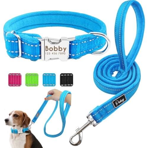 Dog Collar Leash Set Personalized Soft Reflective Dogs Collars Lead Padded for Small Medium Large Dogs French Bulldog Pitbull