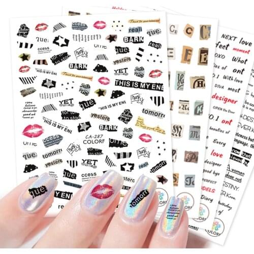 Vintage 3D Stickers Nail Art Decal Wraps Newspaper Fragments Personality Letter Slider Tips On Nails Decoration LYCA017-409