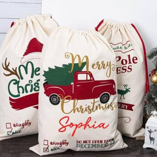 New Year 2021 Christmas Santa Sack Deer Drawstring Canvas Santa Bag Christmas Decorations for Festival Home Stockings Gift Bag