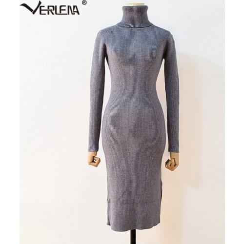 Verlena Fall 2019 Casual Bandage Winter Autumn Dress Women Turtleneck Fine Knitted Dresses Split Long Sleeve Midi White Dress