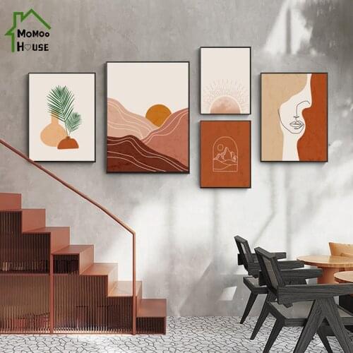 Modern Boho Landscape Poster Bundle Art Woman Face Gallery Wall Canvas Painting Decorative Picture Home Decoration
