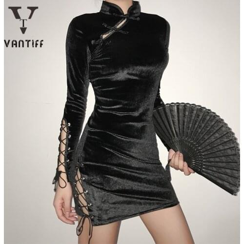 Vintage Women Gothic Harajuku Bodycon Cheongsam Lady Dress National Style Retro Improved Slim Star Print Bandage Hip Skirt