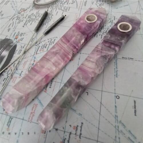 17cm High Quality 1pc Natural Rainbow Fluorite Pipes Carb Hole Quartz Crystal Wand Point Healing with 1 Filters and 1 Brush