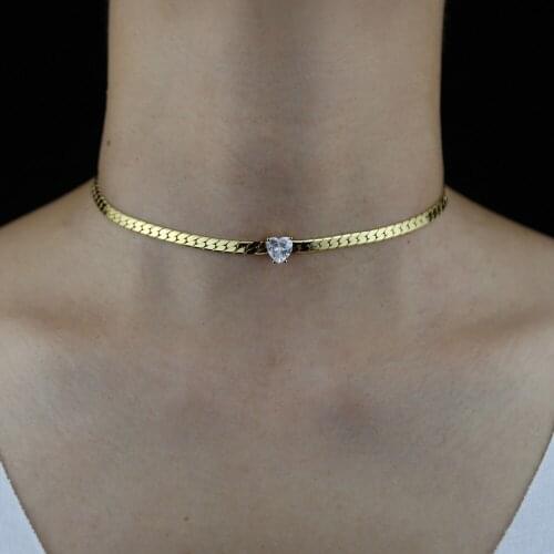 2021 New Design Fashion Gold Color 4MM Width Herringbone Chain 5A Cubic Zirconia Heart CZ Charm Choker Necklace Women Jewelry