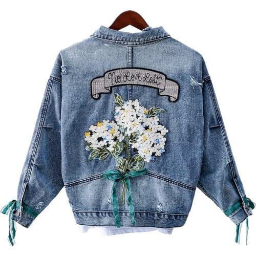 3D Flower Embroidery Denim Jacket for Women Short Ripped Casual Long Sleeves Jeans Jacket Floral Coats with Tassel Outwear