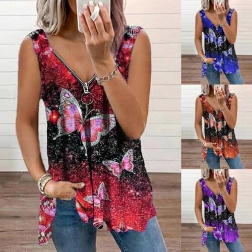Plus Size Women Fashion Loose Casual Floral print V neck zipper sleeveless Rose print summer tshirt tops tank tops
